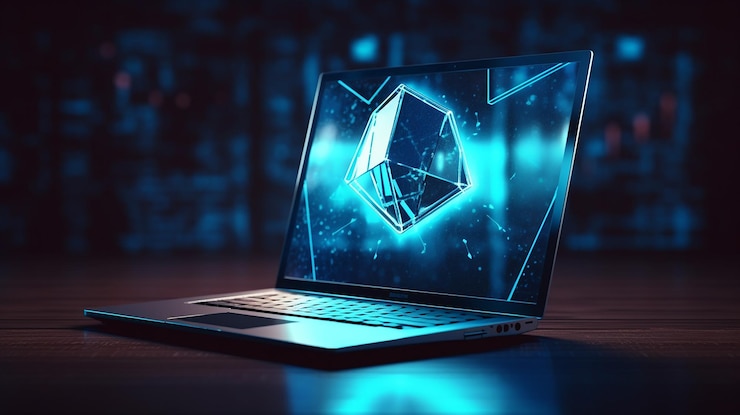 Foto concepto futurista de protección de datos con portátil poligonal bajo y brillante y escudo protector