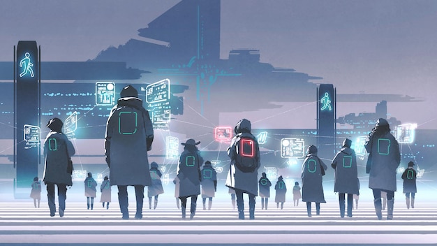 concepto futurista que muestra multitud de personas caminando por las calles de la ciudad, estilo de arte digital, pintura de ilustración