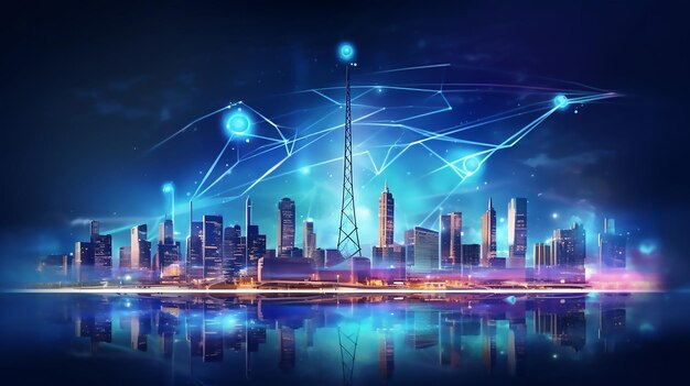 El concepto futurista de red inalámbrica 5G de la ciudad urbana nocturna