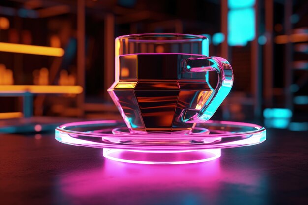 Concepto futurista con taza de café en un entorno de alta tecnología con pantallas holográficas y neón