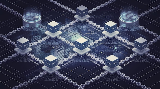 El concepto futurista de tecnología blockchain que muestra nodos de red conectados por cadenas en una red digital
