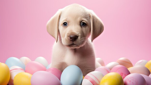 Concepto generativo de IA de la Pascua católica y mascotas Un encantador cachorro de labrador retriever con huevos de Pascua de colores Vista delantera Fondo rosa con perro Tarjeta de felicitación