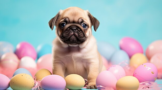 Foto concepto generativo de ia de la pascua católica y mascotas un encantador cachorro de pug con huevos de pascua de colores vista delantera fondo azul con tarjeta de felicitación de perro