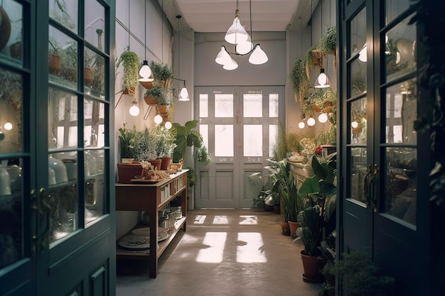 Concepto generativo de IA de tienda de lujo Retro de plantas con puerta de color y ventana de vidrio decorada en tono rosa