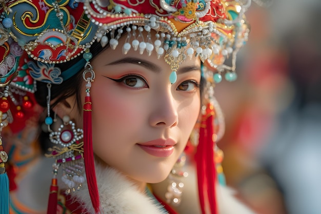 Foto el concepto de la gente del año nuevo chino las mujeres chinas jóvenes llevan el traje nacional rojo