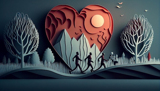 Concepto para la gente del Día Mundial del Corazón corriendo con una línea de latidos del corazón arte de papel y estilo artesanal IA generativa