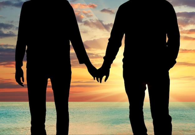 Concepto de gente gay. Silueta de hombres gays felices tomados de la mano contra la puesta de sol del mar por la noche