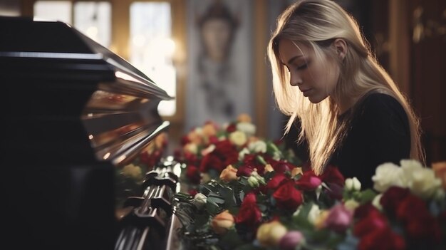 Concepto de gente y luto Mujer con flores de rosas y ataúd en el funeral en la iglesia