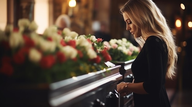 Concepto de gente y luto Mujer con flores de rosas y ataúd en el funeral en la iglesia