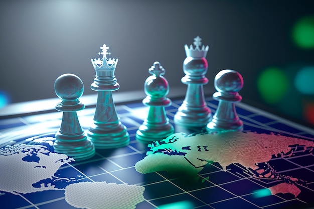 Concepto de geopolítica o figuras de ajedrez de la economía mundial colocadas en el cartel del mapa