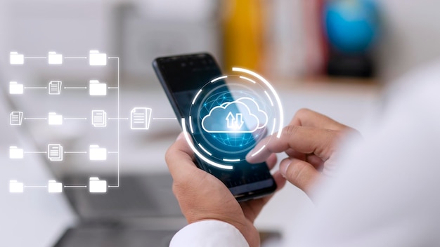 Concepto de gestión de documentos en carpeta para administrar un sistema de nube híbrida y descargar o cargar datos a la computación en nube