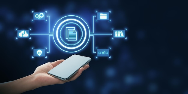 Concepto de gestión de documentos digitales con iconos de teléfonos inteligentes y en la nube