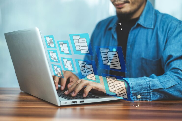 Foto concepto de gestión de documentos con iconos en la pantalla virtual gestión de documentos del sistema de gestión de documentos erp en tecnología de nube