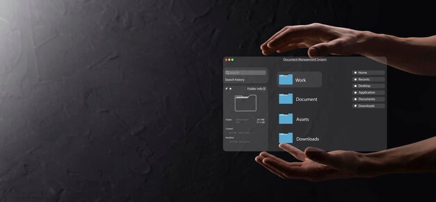 Concepto de gestión de documentos Iconos de pantalla virtual Sistema de gestión de archivos DMS Software de base de datos de documentos en línea para la búsqueda y gestión eficientes de archivos y datos de la empresa