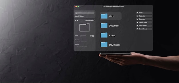 Concepto de gestión de documentos Iconos de pantalla virtual Sistema de gestión de archivos DMS Software de base de datos de documentos en línea para la búsqueda y gestión eficientes de archivos y datos de la empresa