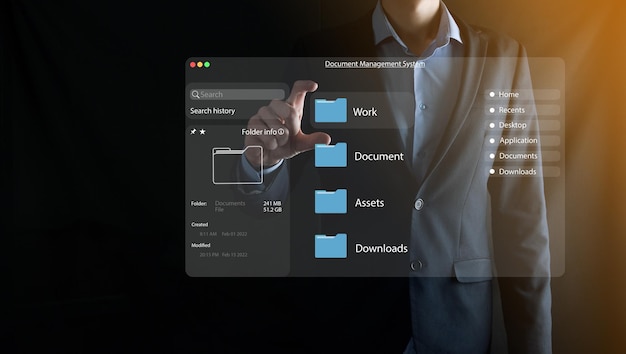 Concepto de gestión de documentos Iconos de pantalla virtual Sistema de gestión de archivos DMS Software de base de datos de documentos en línea para la búsqueda y gestión eficientes de archivos y datos de la empresa