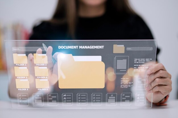 Concepto de gestión de documentos Iconos de pantalla virtual Sistema de gestión de archivos DMS Software de base de datos de documentos en línea para la búsqueda y gestión eficientes de archivos y datos de la empresa