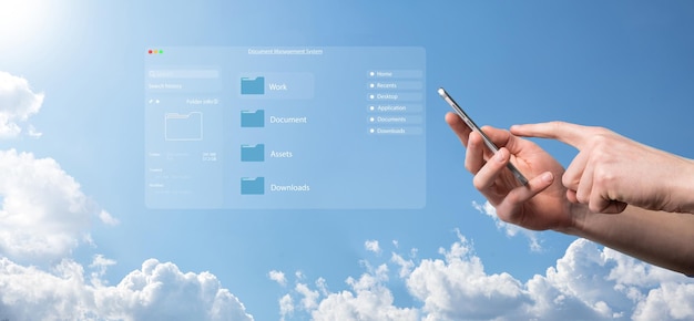 Concepto de gestión de documentos. Iconos de pantalla virtual Sistema de gestión de documentos DMS Base de datos de documentos en línea, software para el archivo, la búsqueda y la gestión eficientes de los archivos y datos de la empresa.