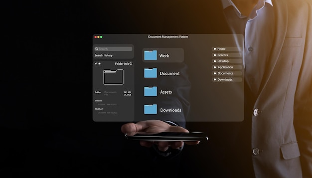 Concepto de gestión de documentos Iconos de pantalla virtual Sistema de gestión de documentos DMS Software de base de datos de documentos en línea para la búsqueda y gestión eficientes de archivos y datos de la empresa