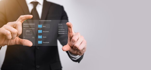 Concepto de gestión de documentos Iconos de pantalla virtual Sistema de gestión de documentos DMS Software de base de datos de documentos en línea para la búsqueda y gestión eficientes de archivos y datos de la empresa