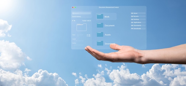 Foto concepto de gestión de documentos iconos de pantalla virtual sistema de gestión de documentos dms software de base de datos de documentos en línea para la búsqueda y gestión eficientes de archivos y datos de la empresa