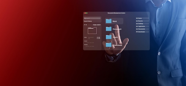 Concepto de gestión de documentos Iconos de pantalla virtual Sistema de gestión de documentos DMS Software de base de datos de documentos en línea para la búsqueda y gestión eficientes de archivos y datos de la empresa