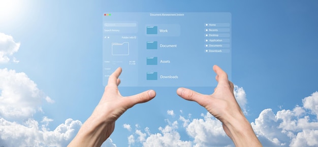 Concepto de gestión de documentos Iconos de pantalla virtual Sistema de gestión de documentos DMS Software de base de datos de documentos en línea para la búsqueda y gestión eficientes de archivos y datos de la empresa