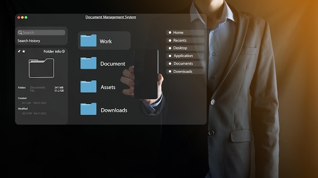 Concepto de gestión de documentos Iconos de pantalla virtual Sistema de gestión de documentos DMS Software de base de datos de documentos en línea para la búsqueda y gestión eficientes de archivos y datos de la empresa