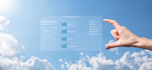 Concepto de gestión de documentos Iconos de pantalla virtual Sistema de gestión de documentos DMS Software de base de datos de documentos en línea para la búsqueda y gestión eficientes de archivos y datos de la empresa