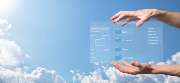 Concepto de gestión de documentos Iconos de pantalla virtual Sistema de gestión de documentos DMS Software de base de datos de documentos en línea para la búsqueda y gestión eficientes de archivos y datos de la empresa