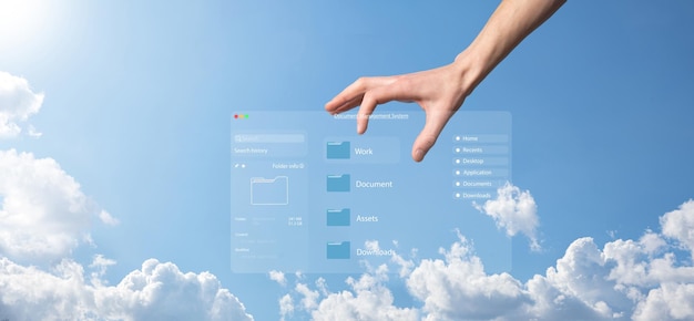 Concepto de gestión de documentos Iconos de pantalla virtual Sistema de gestión de documentos DMS Software de base de datos de documentos en línea para la búsqueda y gestión eficientes de archivos y datos de la empresa