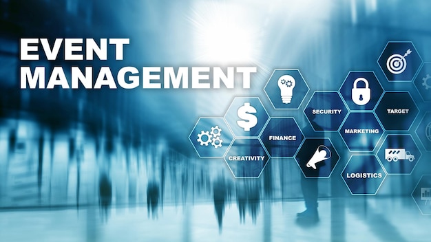 Concepto de gestión de eventos. Diagrama de flujo de gestión de eventos. Artículos relacionados con la gestión de eventos. Negocios de medios mixtos.