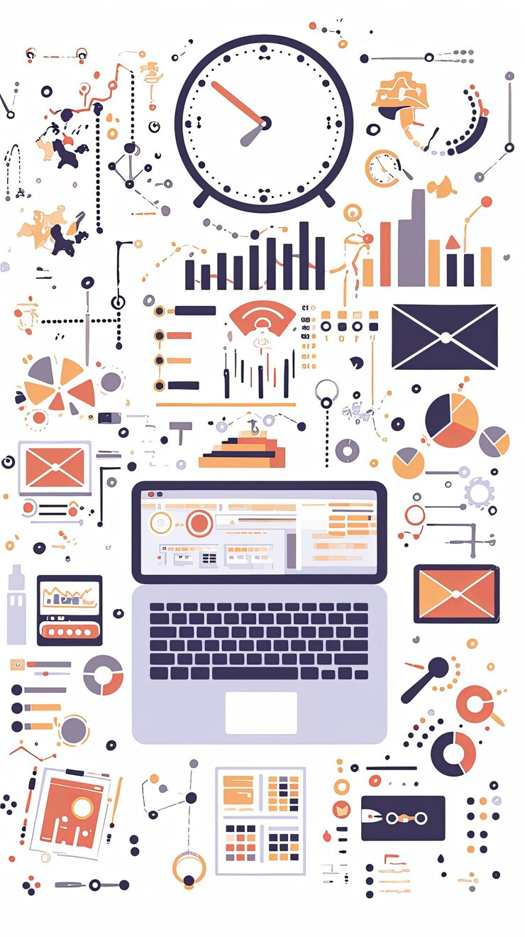Foto concepto de gestión de proyectos con computadora portátil y análisis de negocios
