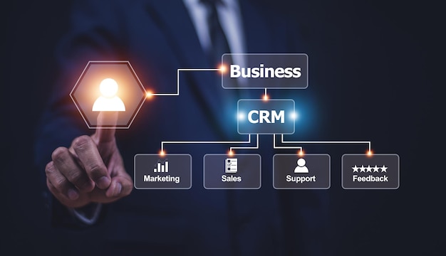 Concepto de gestión de relaciones con los clientes de CRM Empresario que utiliza software de CRM para marketing empresarial Gestión de clientes