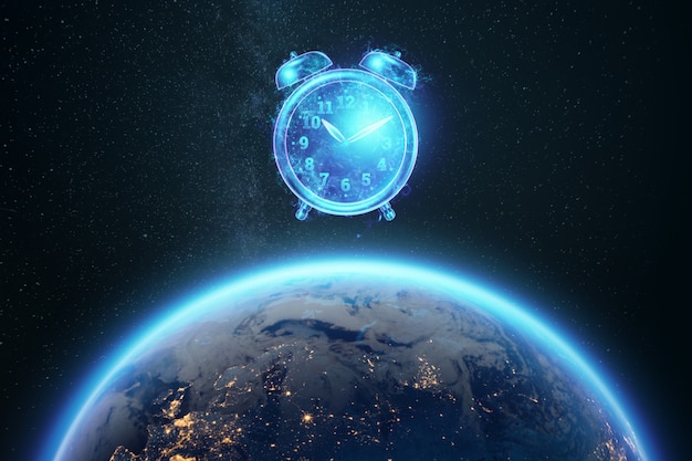 Foto concepto de gestión del tiempo, imagen de reloj de alarma de holograma en el fondo del mundo. copie el espacio.