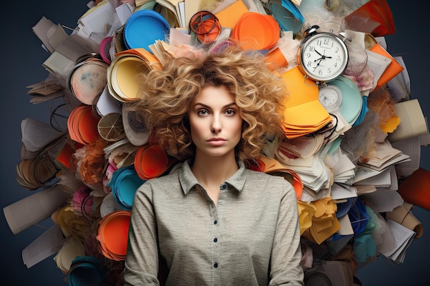 Concepto de gestión del tiempo con mujer sentada entre libros y relojes en estilo collage