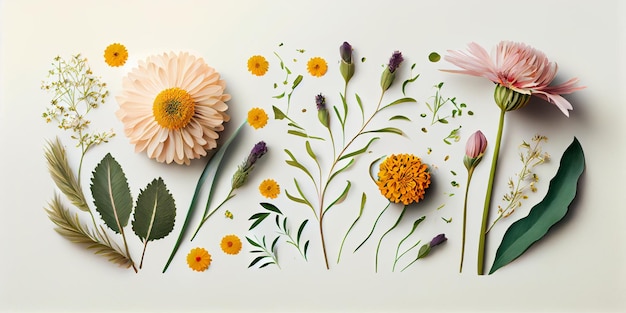 Concepto de girasoles de ilustración plana de campo fresco Flores de primavera sobre fondo blanco aislado Colección de conjunto de elementos decorativos de hermosas flores AI generativa