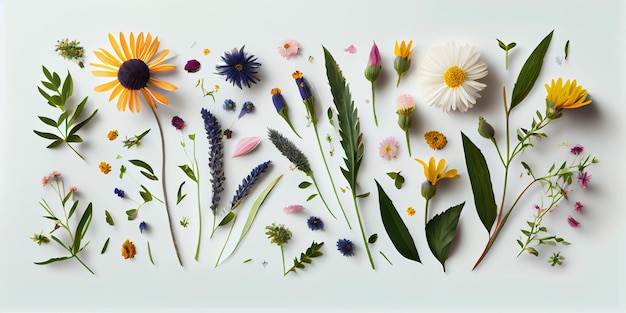 Concepto de girasoles de ilustración plana de campo fresco Flores de primavera sobre fondo blanco aislado Colección de conjunto de elementos decorativos de hermosas flores AI generativa