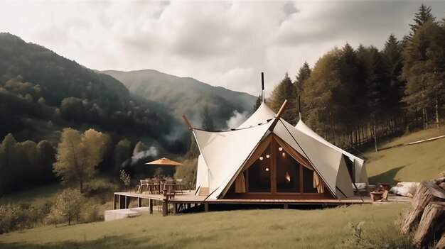 Concepto de glamping con casa moderna y bosque de montaña