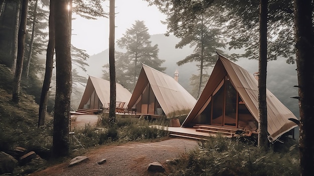 Concepto de glamping con casa moderna y bosque de montaña