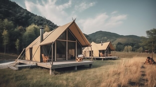 Concepto de glamping con casa moderna y bosque de montaña