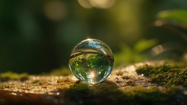 Concepto de gota de agua macro gotita con reflejo verde de la naturaleza imagen ecológica y ambiental a