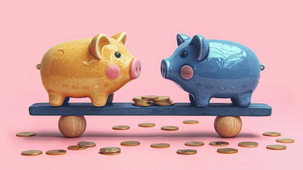 Concepto gracioso de cerdos azules y amarillos jugando con monedas de oro mientras están sentados en un columpio sobre un fondo rosa