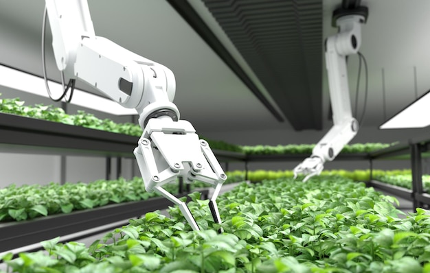 Concepto de granjeros robóticos inteligentes granjeros robot Tecnología agrícola Automatización agrícola