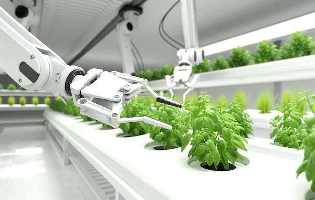 Concepto de granjeros robóticos inteligentes granjeros robot Tecnología agrícola Automatización agrícola