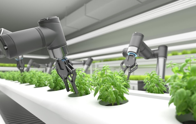 Foto concepto de granjeros robóticos inteligentes granjeros robot tecnología agrícola automatización agrícola