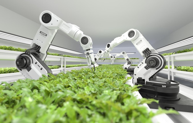Concepto de granjeros robóticos inteligentes granjeros robot Tecnología agrícola Automatización agrícola