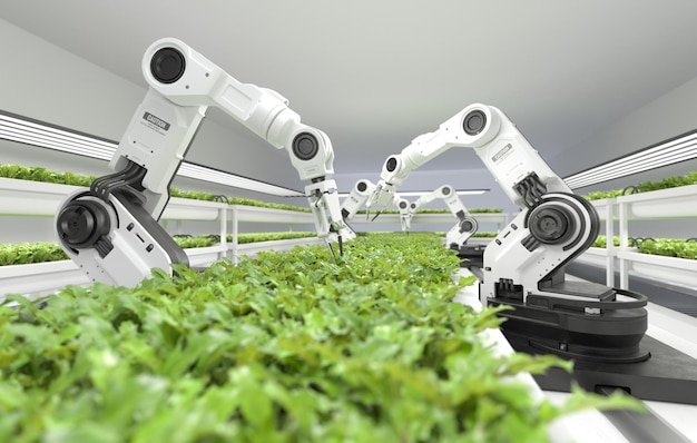 Foto concepto de granjeros robóticos inteligentes granjeros robot tecnología agrícola automatización agrícola