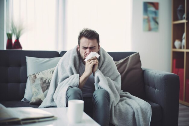 concepto de gripe de invierno de hombre joven