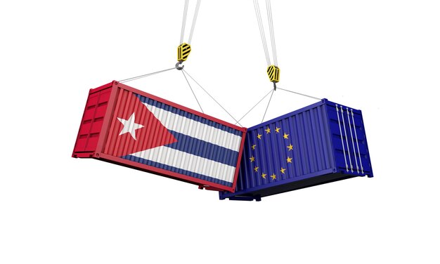 Concepto de guerra comercial de Cuba y Europa que chocan los contenedores de carga d render